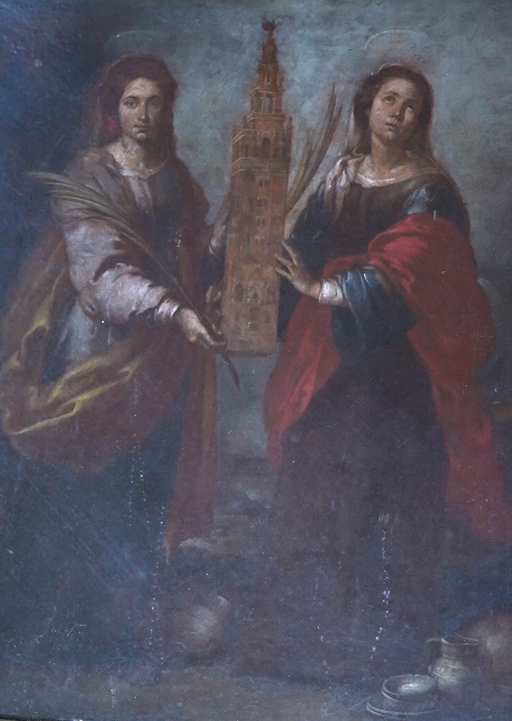 After Murillo (1618-1682), over painted print on canvas, ‘St Justa and St Rufina’, 28 x 23cm. Condition - fair